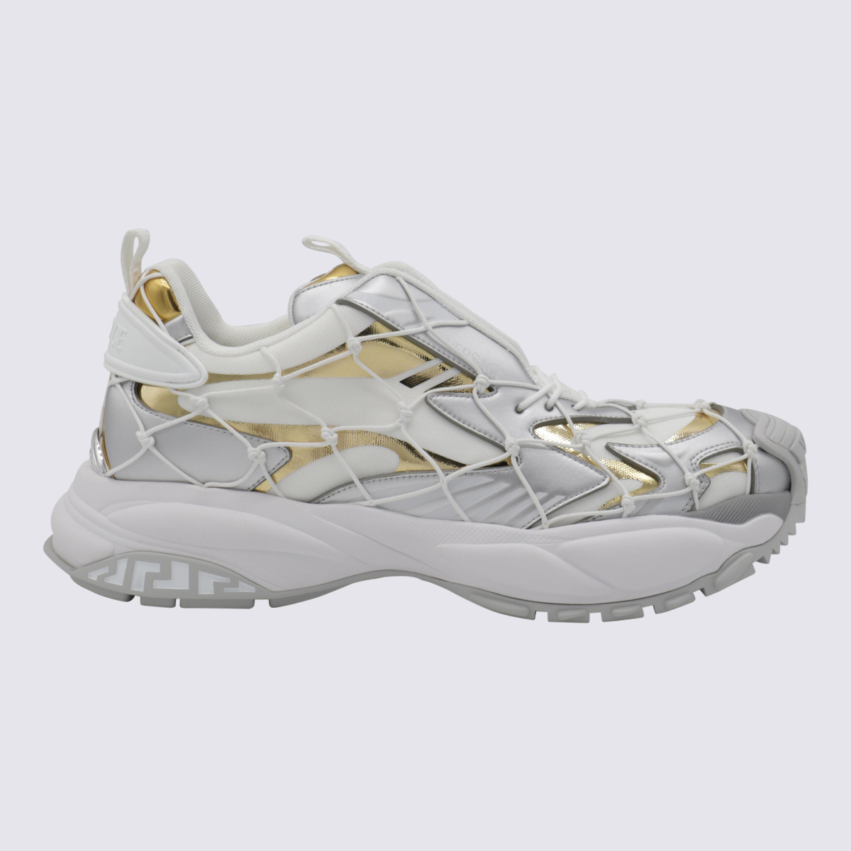 Versace White, Grey And Gold-tone Canvas Sneakers